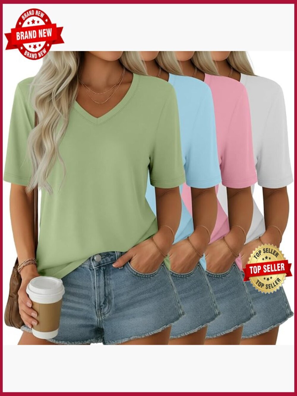 4 Pack Women's Half Sleeve V Neck Loose Fit Tees Elbow Length Summer Tops